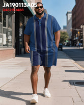 Men's Plus Size Business Blue Stripe Print Short Sleeve Polo Shirt Shorts Suit